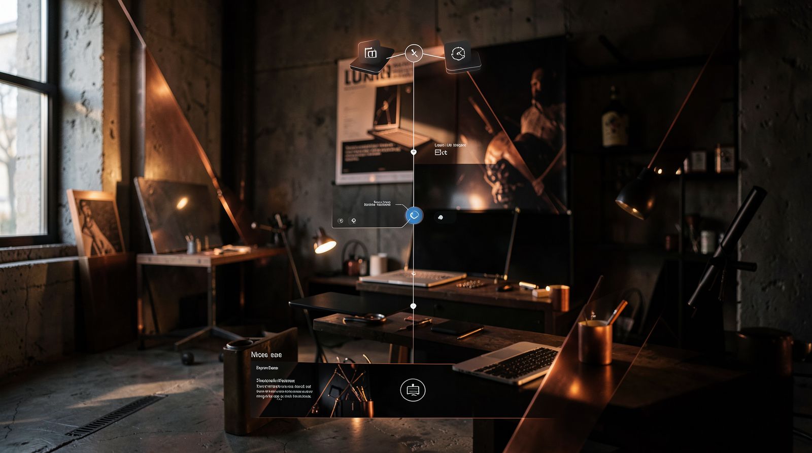 Industrial creative space with dramatic lighting