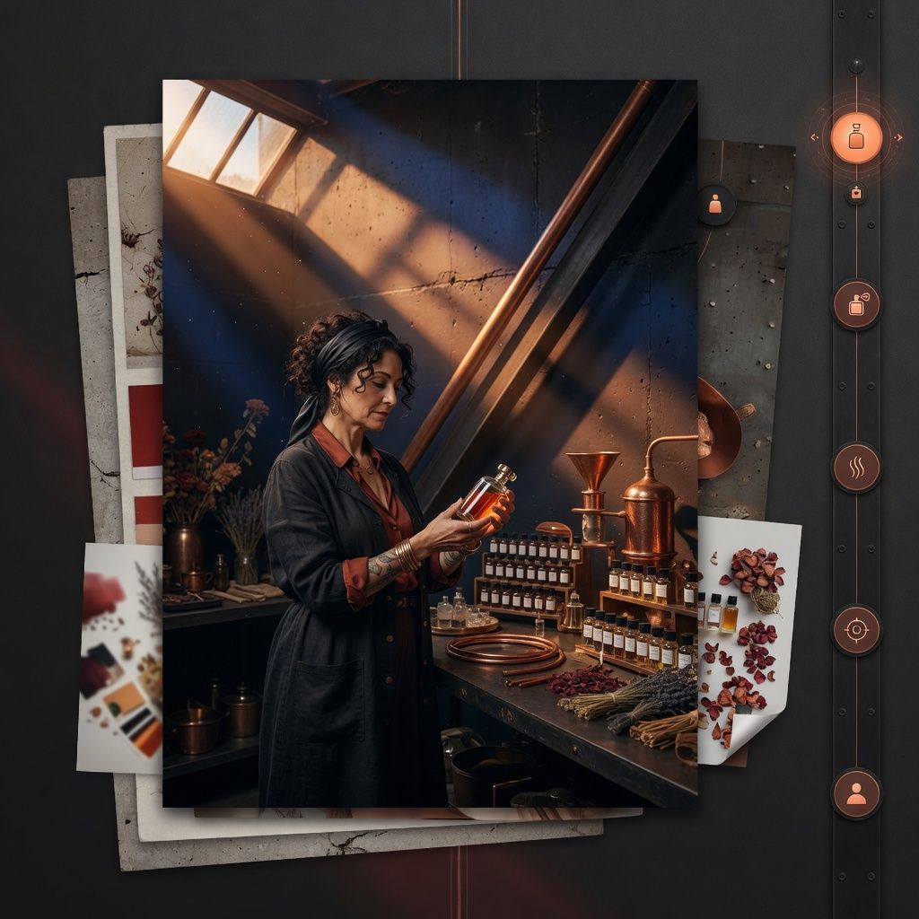 Portrait of perfumer in Paris atelier with dramatic shadows