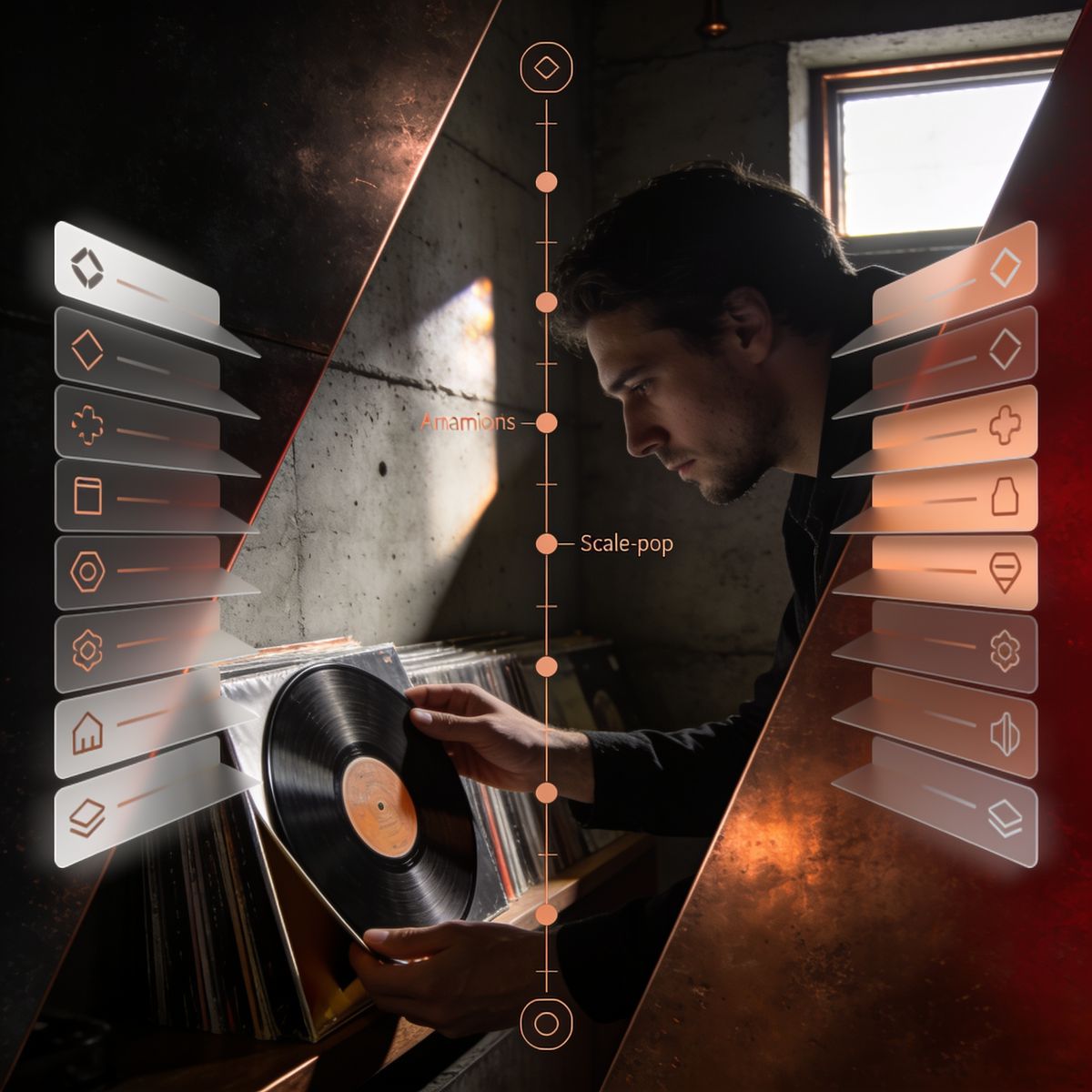 Vinyl collector examining record in dimly lit room