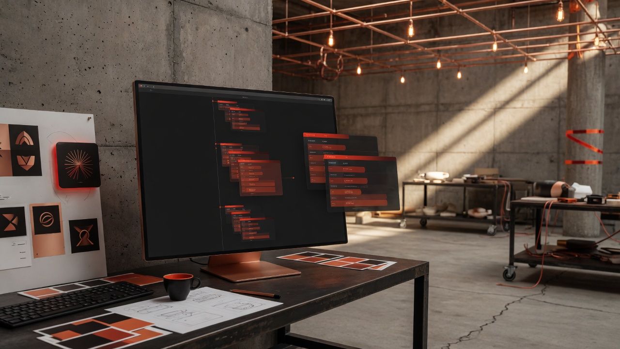 Industrial studio space with copper lighting grid and concrete floors